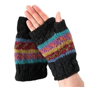 Lost Horizons Hand Knit Nepal 100% Wool Fingerless Mittens Fleece Lined